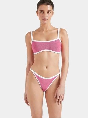 New Hunza G Bikini SET Tyler Candy Pink White Trim Crinkle One Size Stretchy